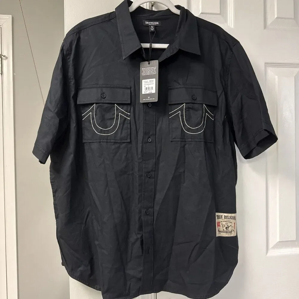 NWT True Religion Men's Workwear Button Shirt Logo Front Pockets Black XL